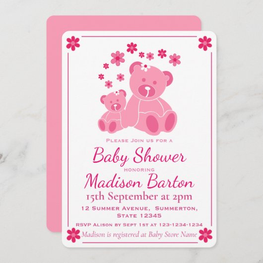 Roze Teddy Bears Schattig Meisje Baby shower Kaart (Voorkant / Achterkant)