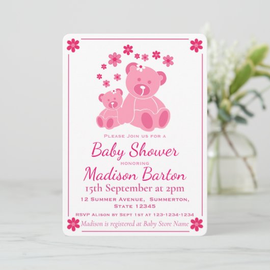 Roze Teddy Bears Schattig Meisje Baby shower Kaart (Staand voorkant)