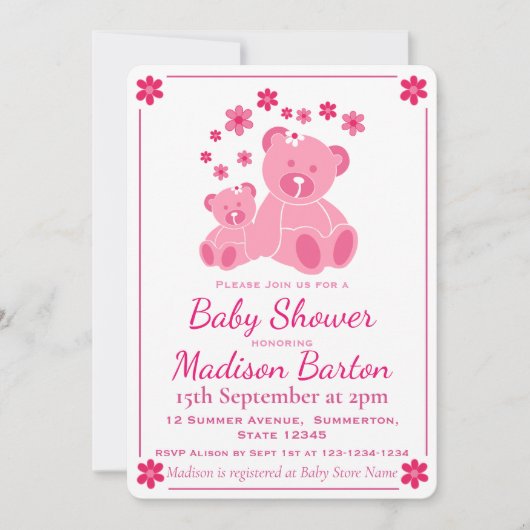 Roze Teddy Bears Schattig Meisje Baby shower Kaart (Voorkant)