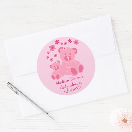 Roze Teddy Bears Schattig Meisje Baby shower Ronde Sticker (Envelop)