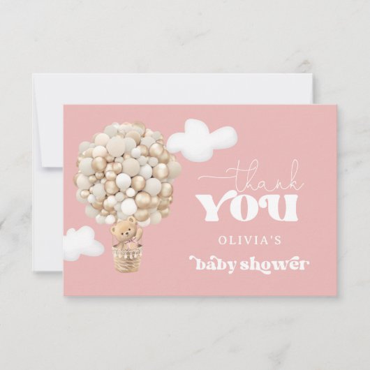 Roze Teddy Beer Ballon Barly Wacht Dank u Kaart (Voorkant)