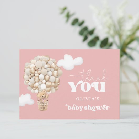 Roze Teddy Beer Ballon Barly Wacht Dank u Kaart (Staand voorkant)