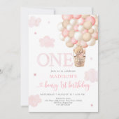 Roze Teddy Beer Ballon Beer Eerste Verjaardag Kaart (Voorkant)