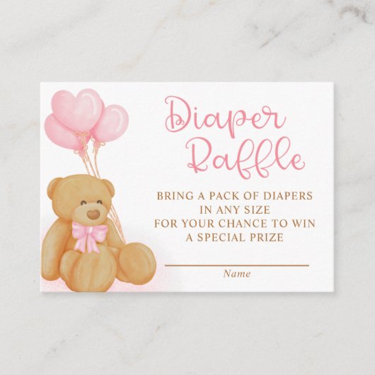 Roze Teddy Beer Ballonnen Luier Raffle Informatiekaartje (Voorkant)