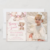 Roze Teddy Beer Ballonnen Meisje Verjaardag Foto Kaart (Voorkant)