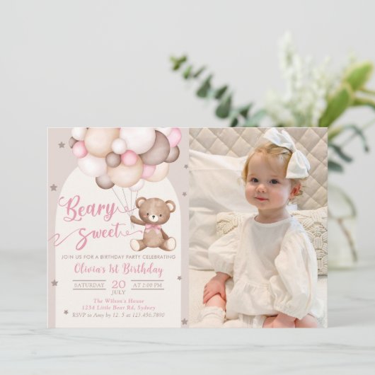 Roze Teddy Beer Ballonnen Meisje Verjaardag Foto Kaart (Staand voorkant)