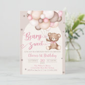 Roze Teddy Beer Ballonnen Meisje Verjaardag Uitnod Kaart (Staand voorkant)