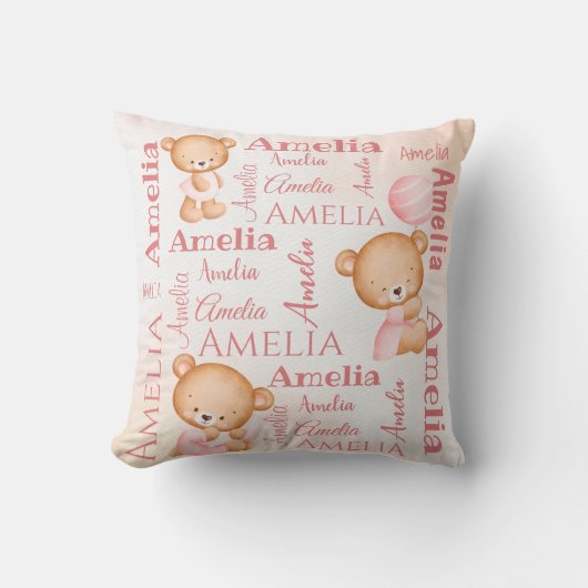 Roze teddy draagt gepersonaliseerde meisjes naam b kussen (Voorkant)