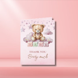 Roze Teddy Moon Wolken Baby Girl Bedankkaart