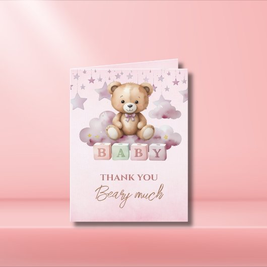 Roze Teddy Moon Wolken Baby Girl Bedankkaart
