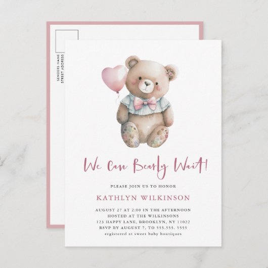 Roze Teddy We kunnen Barly Wachten Meisje Baby sho Uitnodiging Briefkaart (Voorkant / Achterkant)