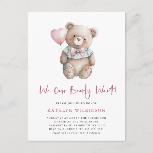 Roze Teddy We kunnen Barly Wachten Meisje Baby sho Uitnodiging Briefkaart (Voorkant)
