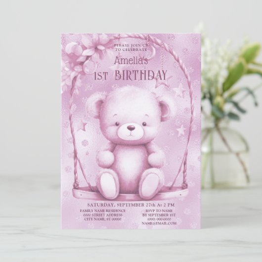 Roze Teddybeer 1e verjaardag Kaart (Staand voorkant)
