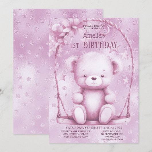 Roze Teddybeer 1e verjaardag Kaart (Voorkant / Achterkant)