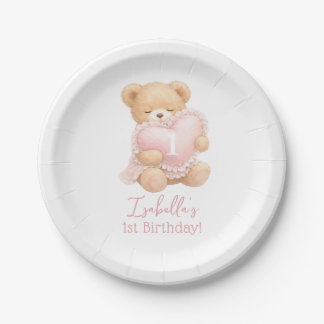 Roze teddybeer 1e verjaardag meisje papieren bordje