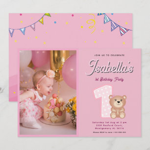 Roze Teddybeer Baby Meisje 1e verjaardag Kaart