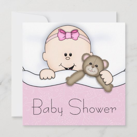 Roze Teddybeer Baby Meisje Douche Kaart (Voorkant)