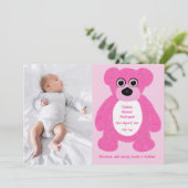 Roze Teddybeer Baby Meisje Geboorte Aankondiging (Staand voorkant)