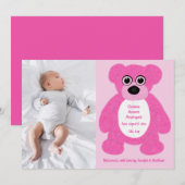 Roze Teddybeer Baby Meisje Geboorte Aankondiging (Voorkant / Achterkant)
