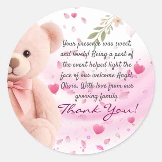 Roze Teddybeer Baby Shower Bedankt Sticker (Voorkant)