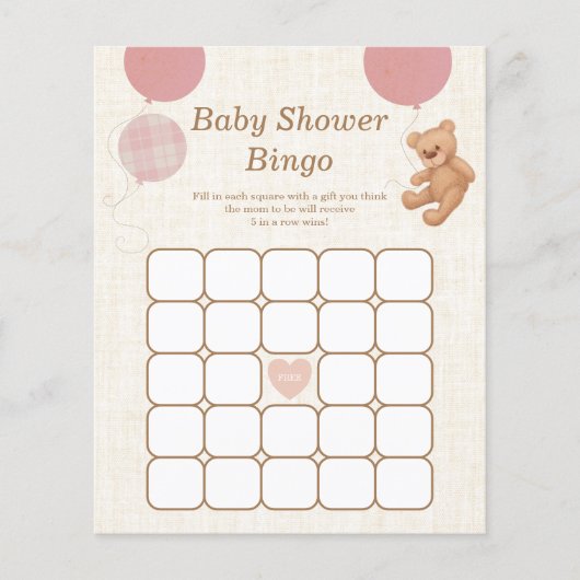 Roze Teddybeer Baby Shower Bingo Spel (Voorkant)