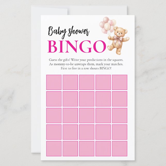 Roze Teddybeer Baby Shower Bingo Spel (Voorkant)