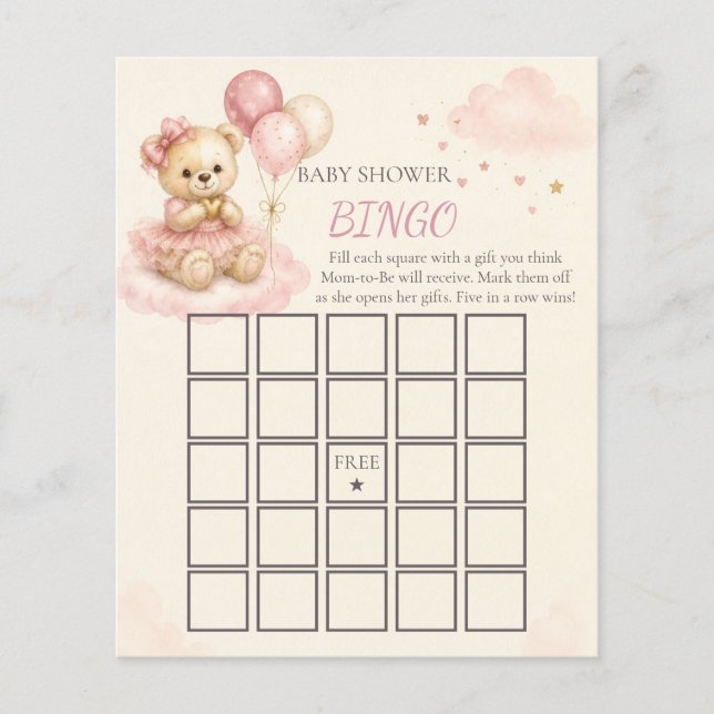 Roze Teddybeer Baby Shower Bingo Spel (Voorkant)