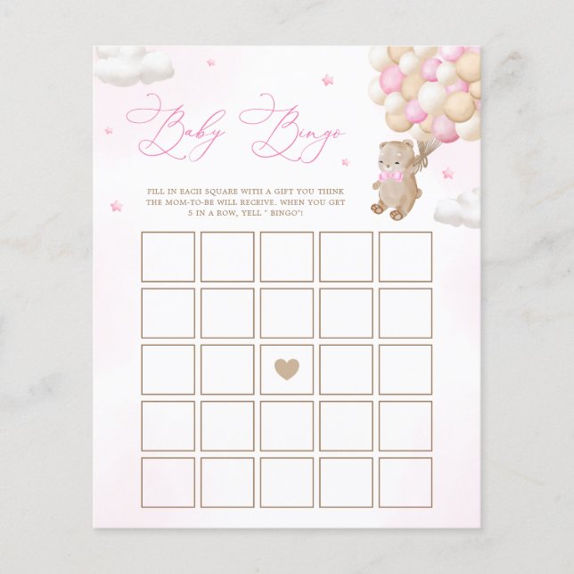 Roze Teddybeer Baby Shower Bingo Spel (Voorkant)
