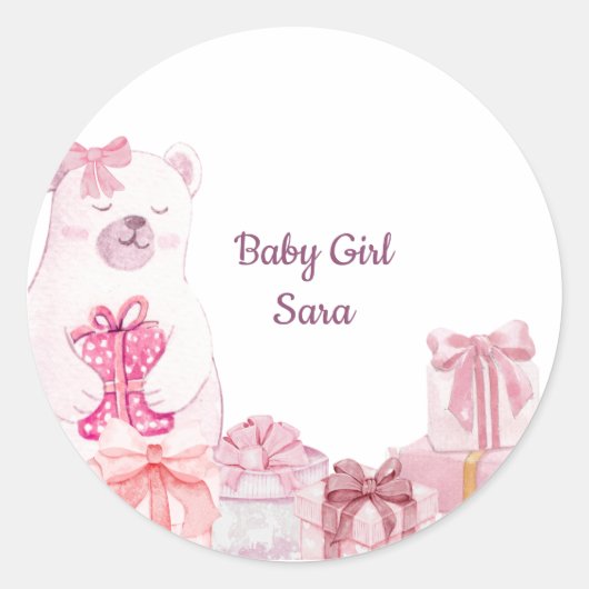Roze Teddybeer Baby Shower Favor Sticker (Voorkant)