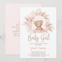 Roze teddybeer Baby shower meisje uitnodiging