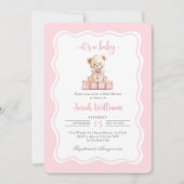 Roze teddybeer Baby shower meisje uitnodiging (Voorkant)