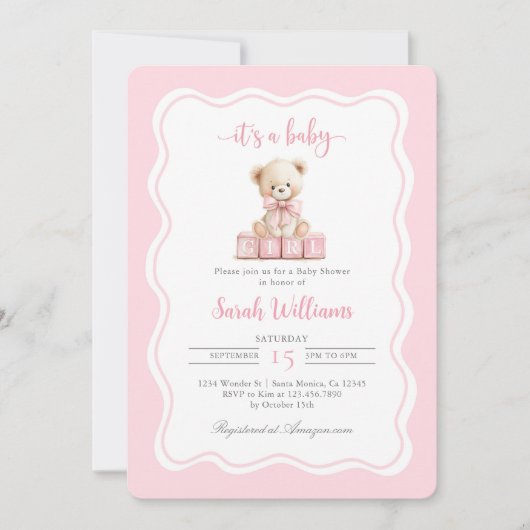 Roze teddybeer Baby shower meisje uitnodiging (Voorkant)