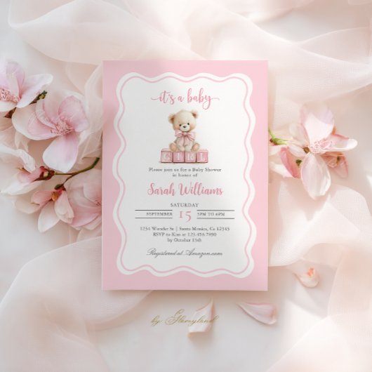 Roze teddybeer Baby shower meisje uitnodiging