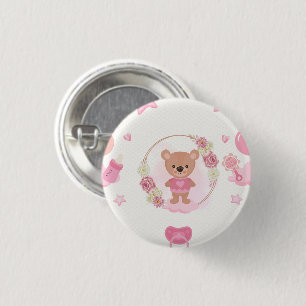 Roze teddybeer baby shower ronde button 3,2 cm