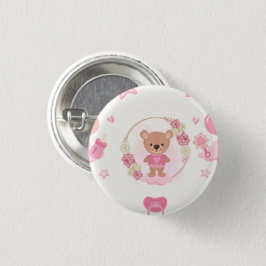 Roze teddybeer baby shower ronde button 3,2 cm (Voorkant /achterkant)
