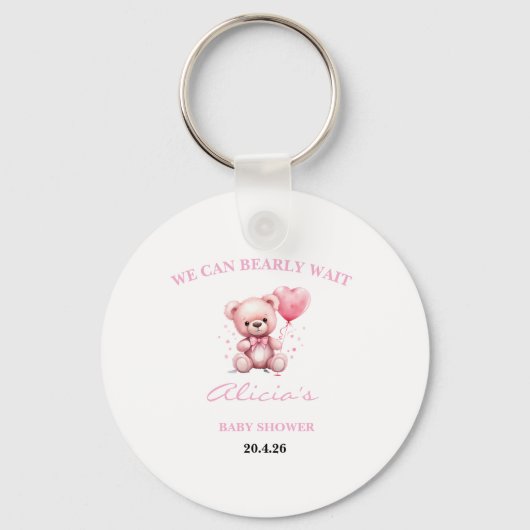 Roze Teddybeer Baby Shower Sleutelhanger (Voorkant)