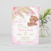 Roze Teddybeer Baby shower uitnodigen Kaart (Staand voorkant)