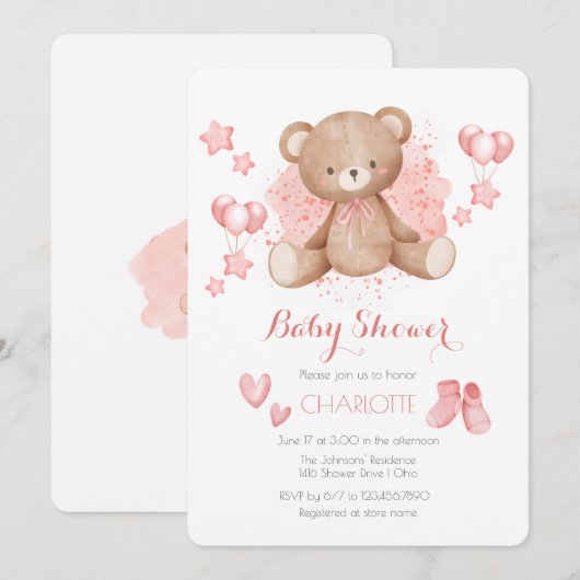 Roze Teddybeer Baby Shower Uitnodiging (Voorkant / Achterkant)