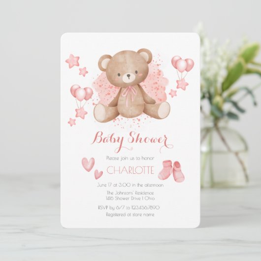 Roze Teddybeer Baby Shower Uitnodiging (Staand voorkant)