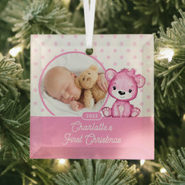 Roze teddybeer baby's eerste kerst foto glas ornament