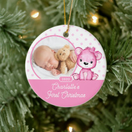 Roze teddybeer baby's eerste kerst foto keramisch ornament