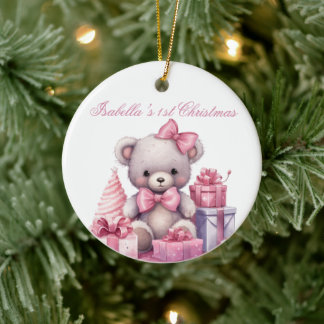 Roze Teddybeer Baby's Eerste Kerstmis Keramisch Ornament