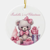 Roze Teddybeer Baby's Eerste Kerstmis Keramisch Ornament (Voorkant)