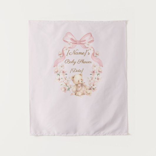 Roze teddybeer babyshower achtergrond wandkleed (Voorkant)