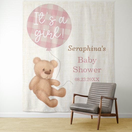 Roze teddybeer babyshower achtergrondpaneel wandkleed (In situ)