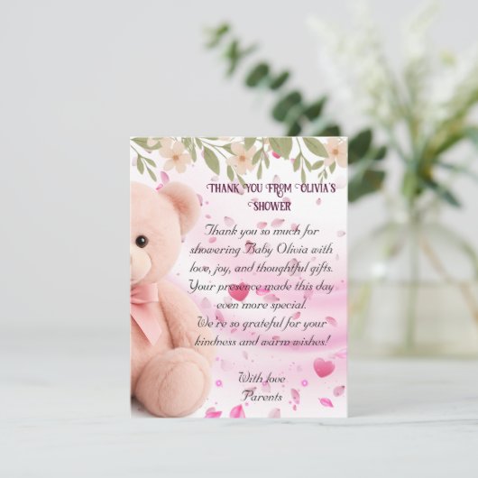 Roze teddybeer babyshower bedankkaart. bedankkaart (Staand voorkant)