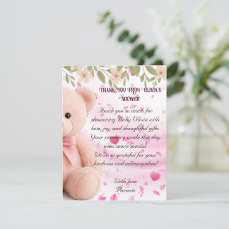 Roze teddybeer babyshower bedankkaart. bedankkaart