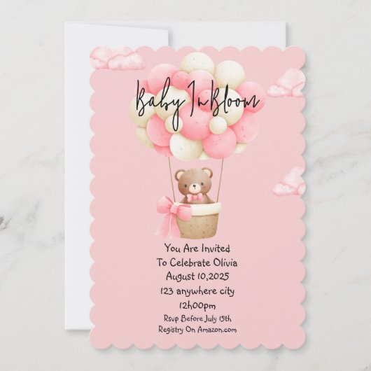 roze teddybeer babyshower kaart (Voorkant)