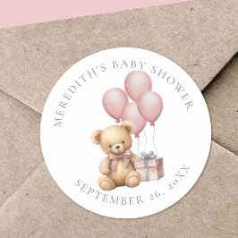 Roze teddybeer babyshower klassieke ronde sticker