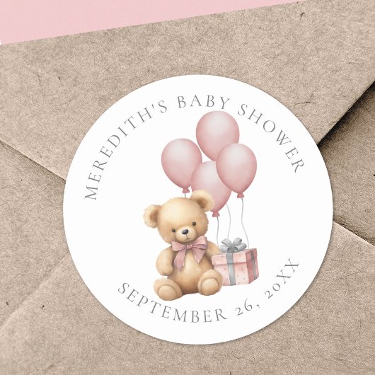 Roze teddybeer babyshower klassieke ronde sticker